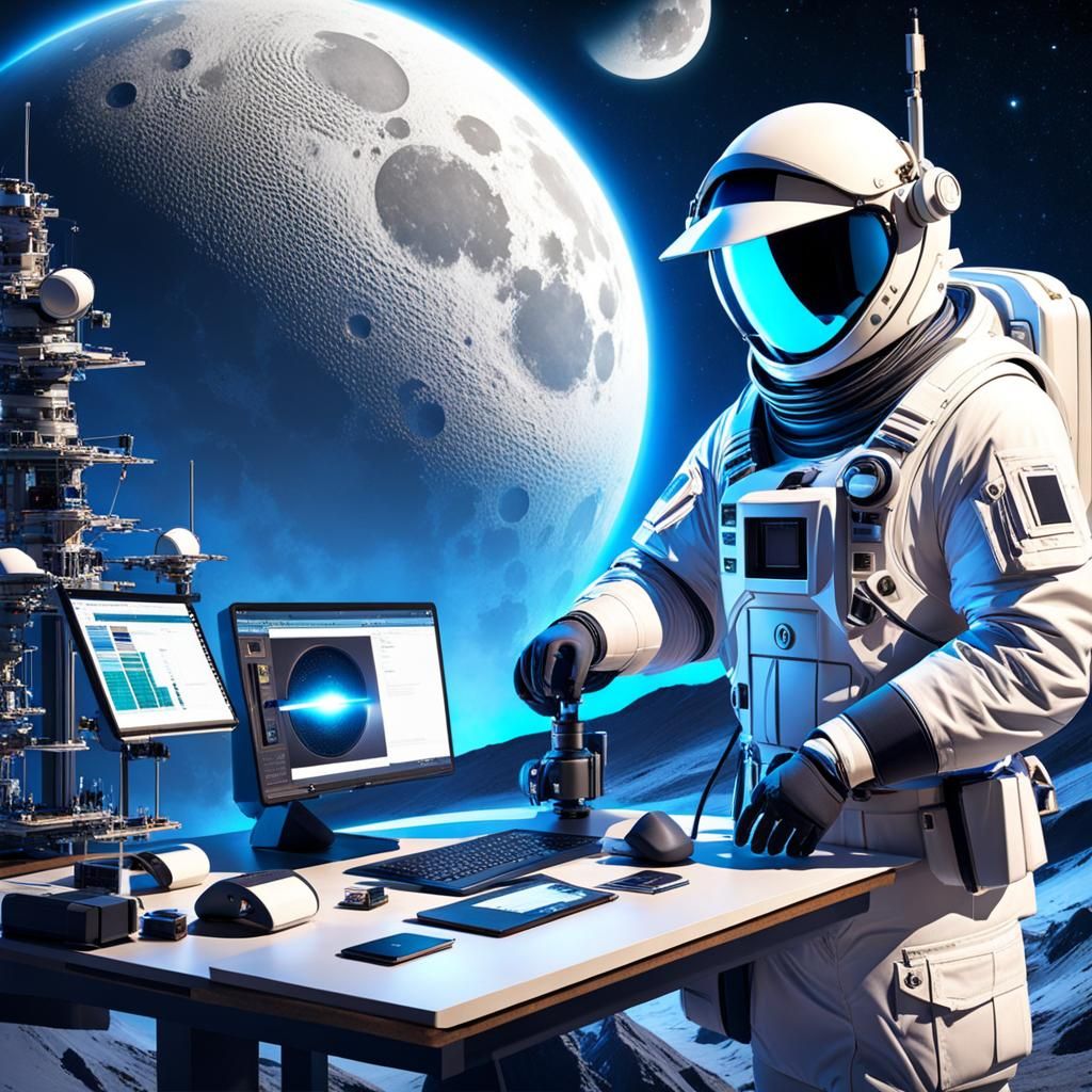 Engineer Working with Futuristic Tools on the Moon