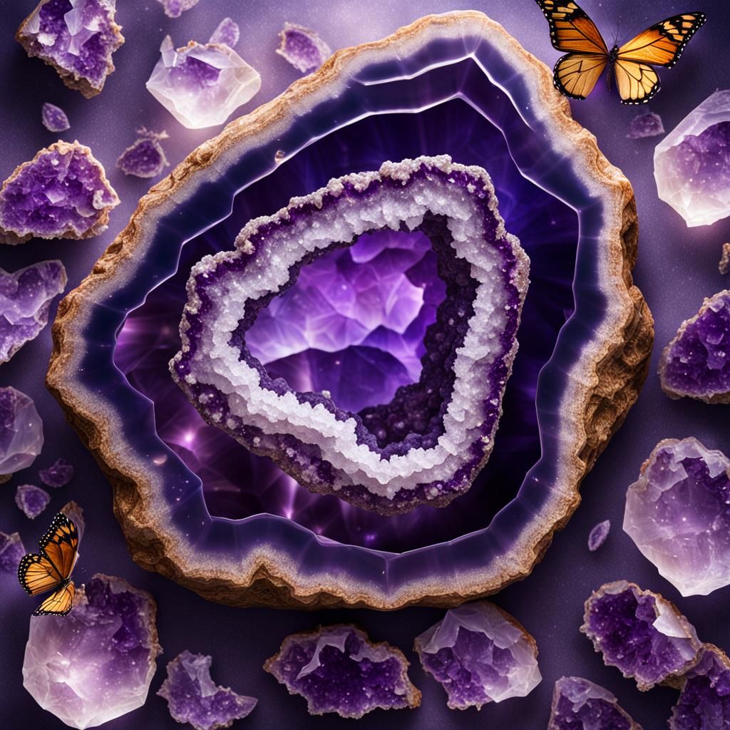Photorealistic Amethyst Geode with Butterflies