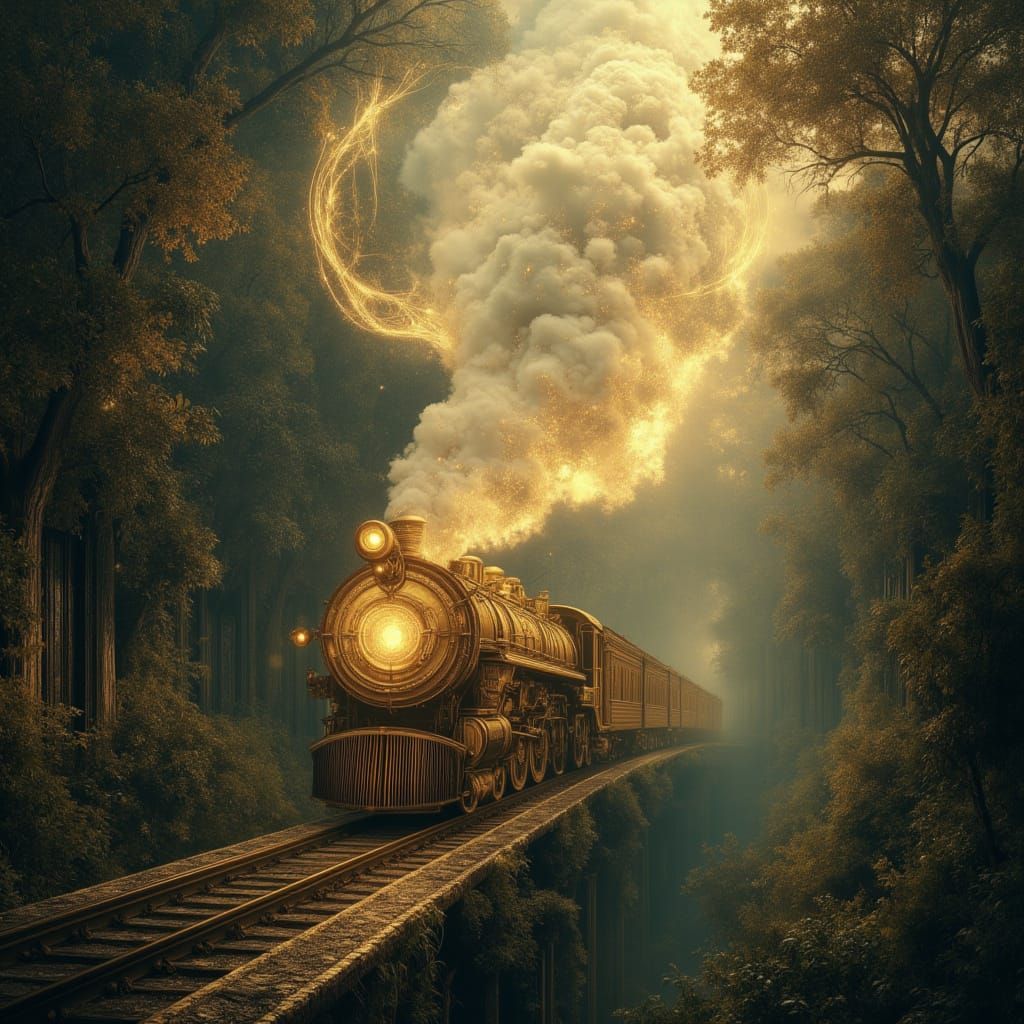 Golden Train Rides Through Enchanted Forest