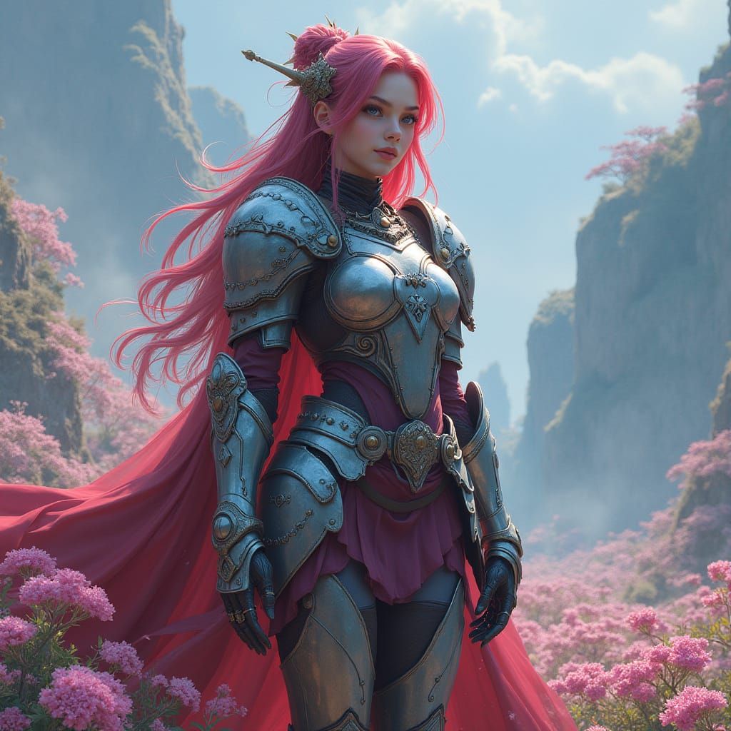 Armored Sakura Girl in Fantastical Landscape