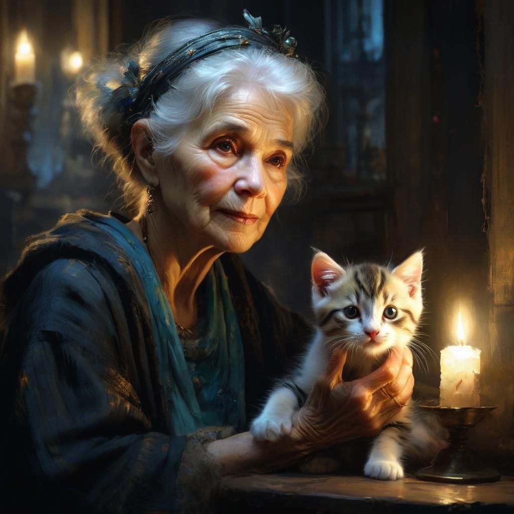Candlelight Portrait of Woman with Kitten