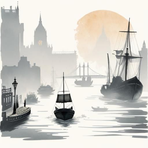 Steampunk Boat on the Thames Ink Painting