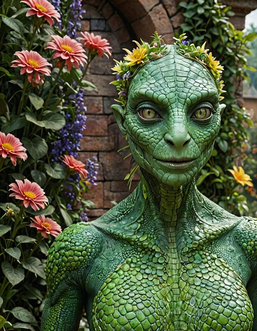 Fantastical Lizard Woman in Enchanted Garden