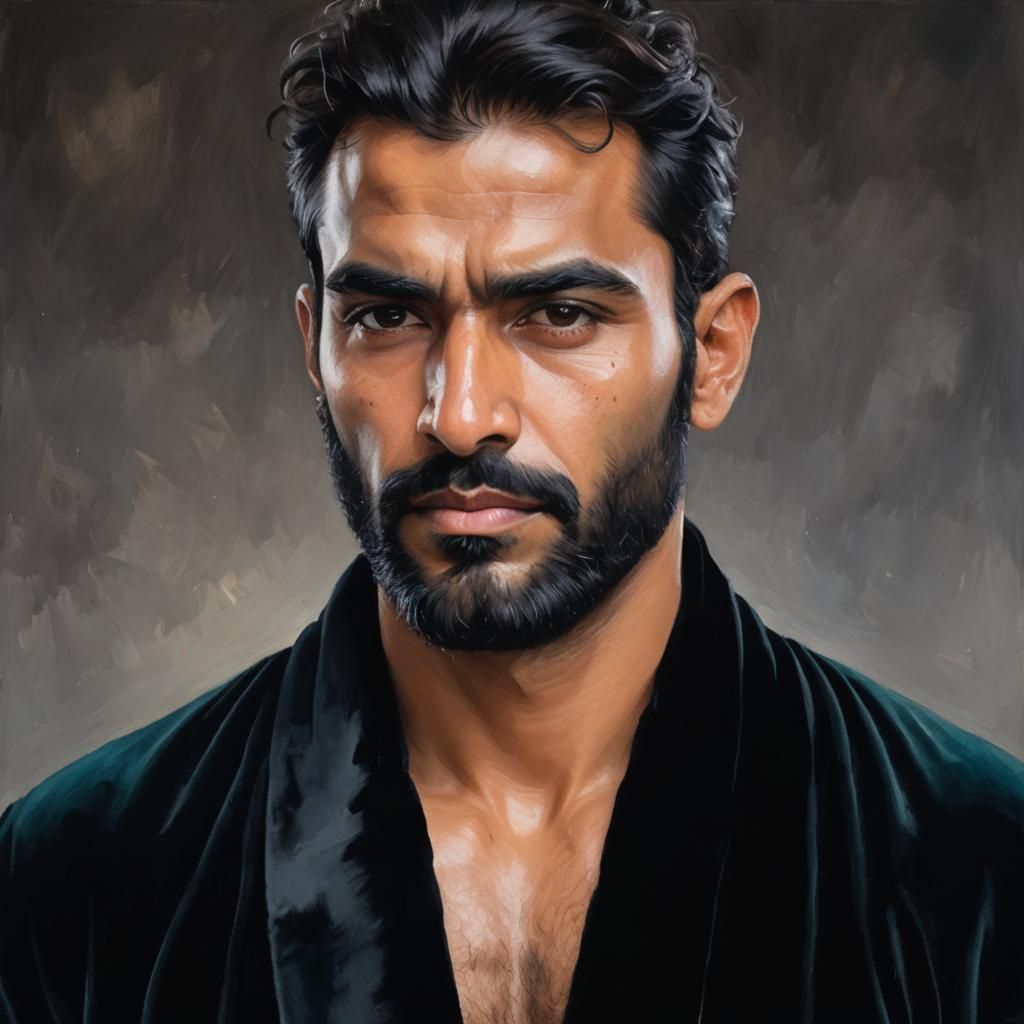 Hirsute Man in Black Velvet Robe: Impressionist Portrait
