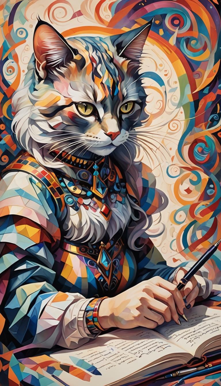 Cubist Cat Girl Writes Fate on Tarot Card