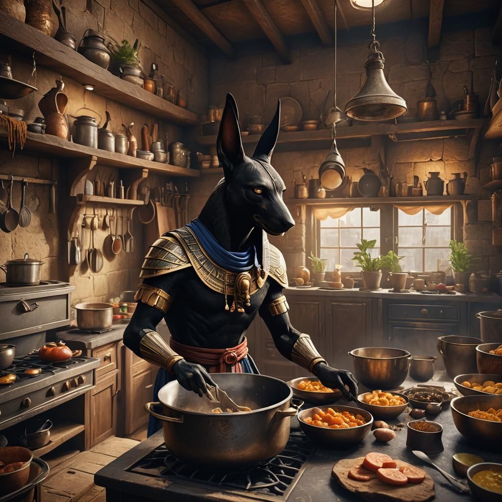 Anubis Cooking in a Rustic Kitchen: Matte Painting