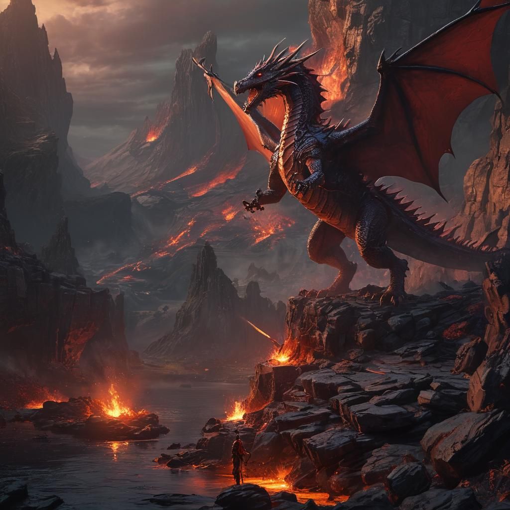 Dragon Battles Knight in Epic Fantasy Scene with Golden Hour...