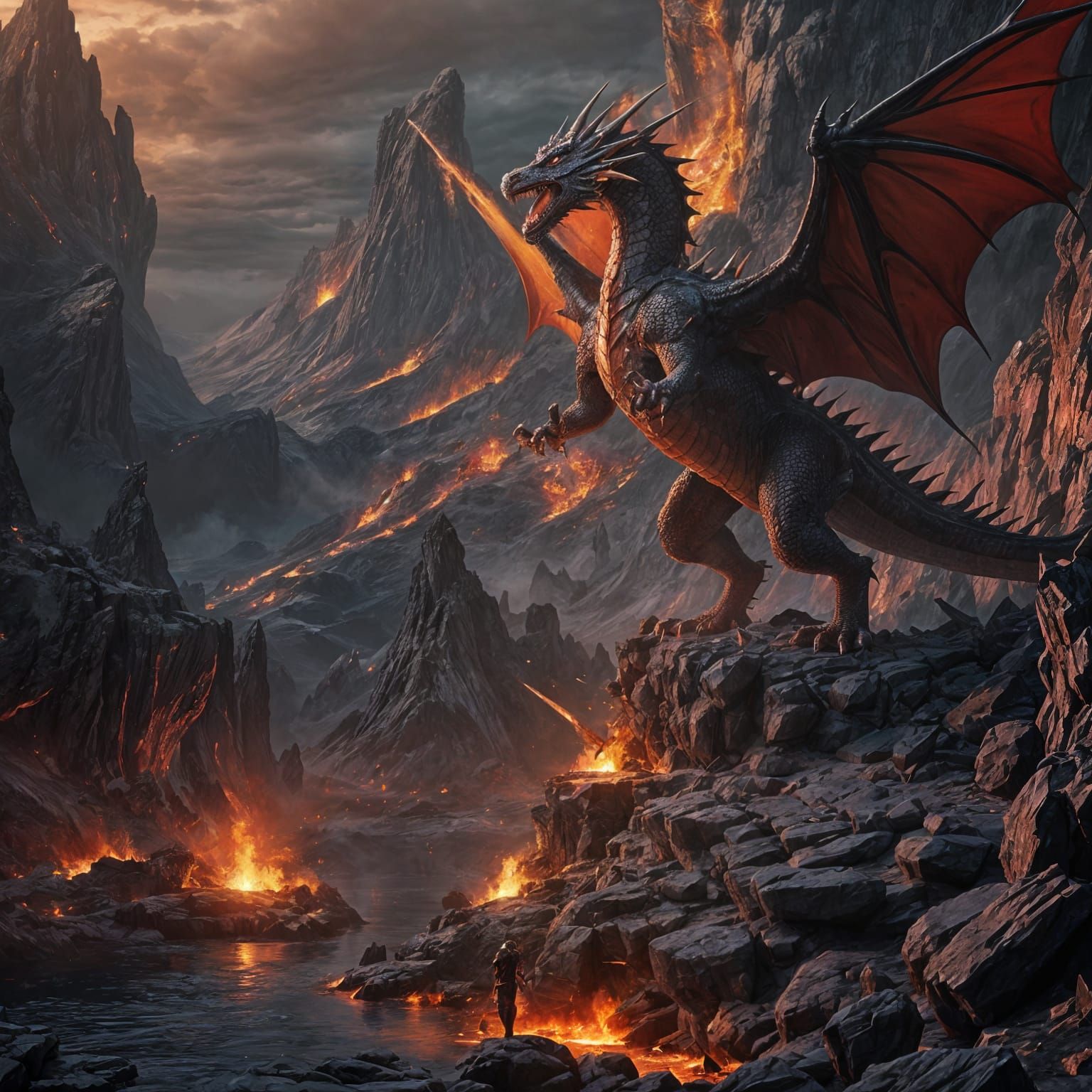 Fantastical Red Dragon in Dark Dungeon, Knight in the Distan...