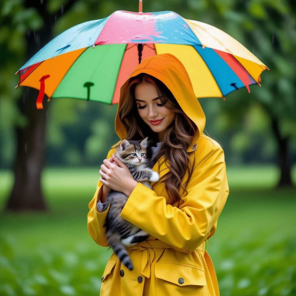 Woman Rescues Kitten in Rainy Park: Realistic Photo