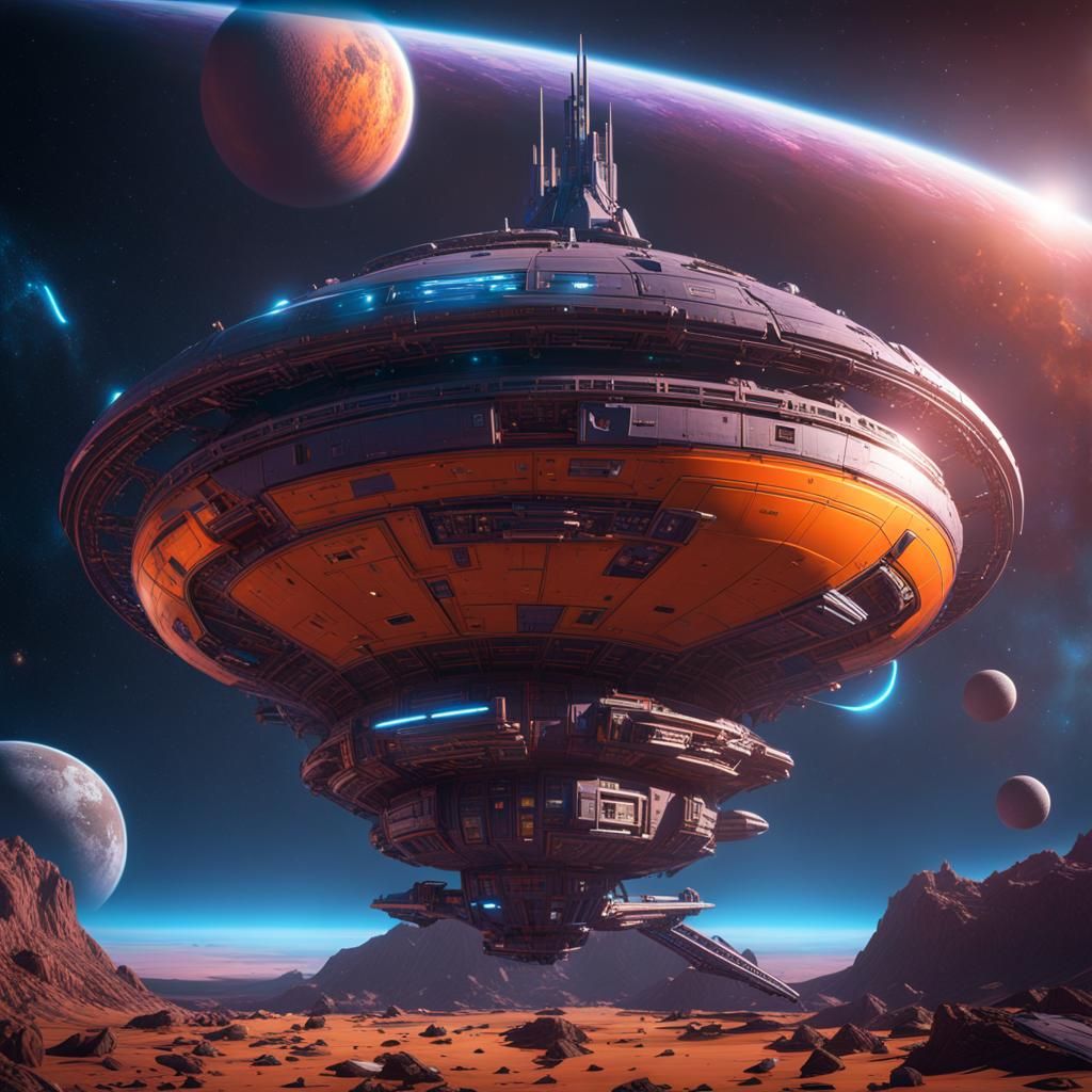 Spaceship Before Derelict Planet in 3D Cinematic Style