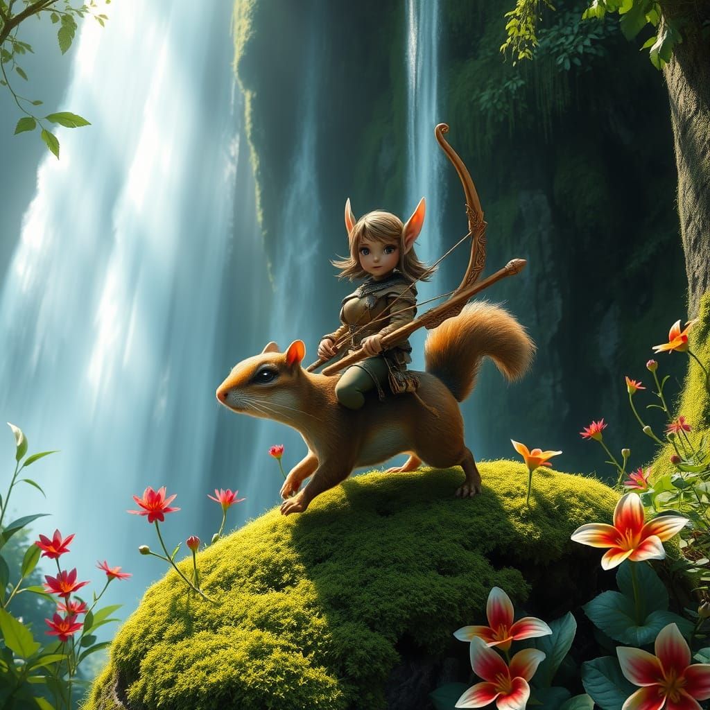 Whimsical Waterfall Encounter: Elven Huntress Rides Chipmunk...