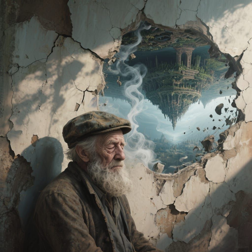 Surreal Double Exposure: Man and Escher-esque Realm