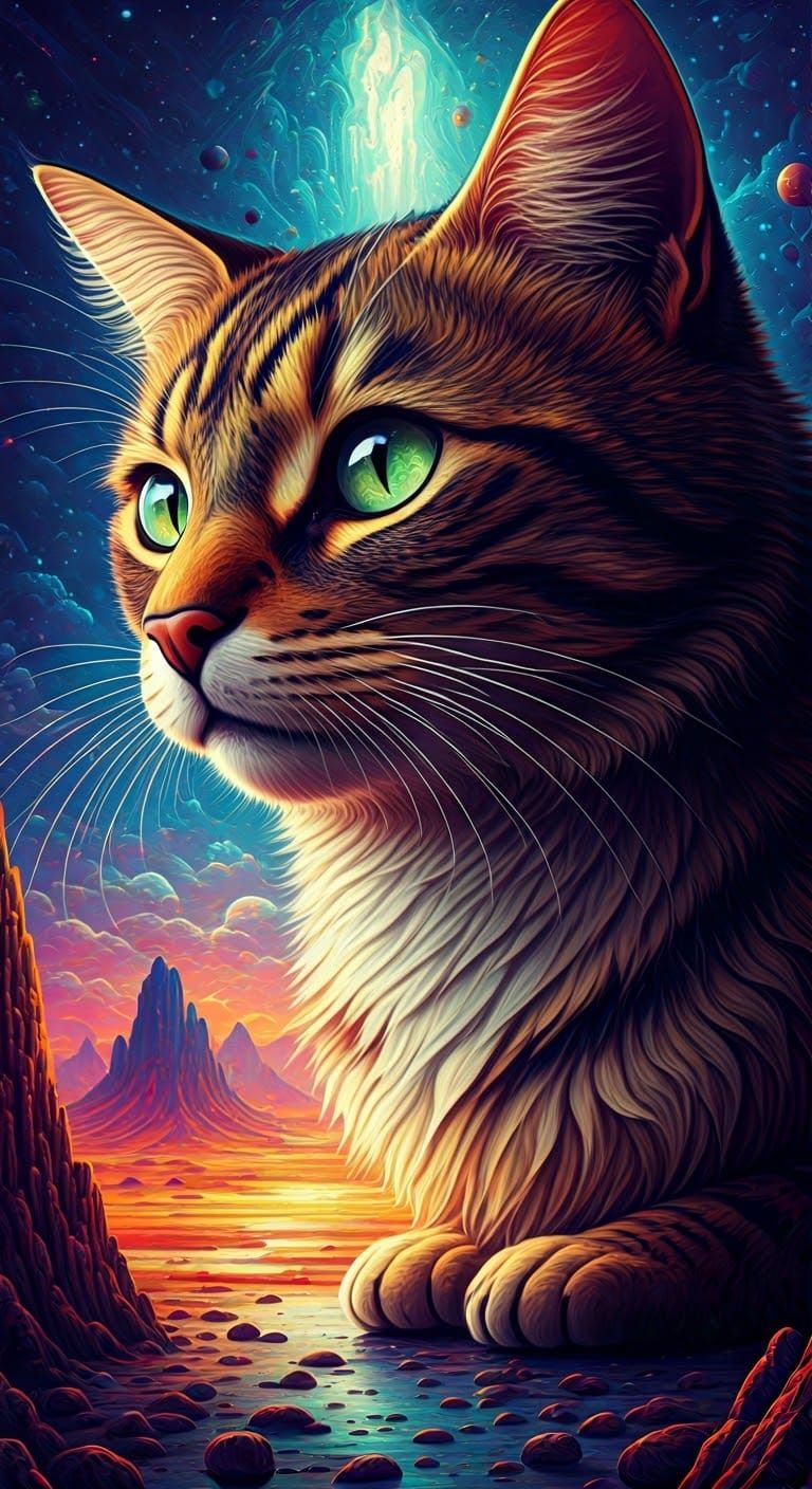Psychedelic Cat Portrait in Rainbow Landscape
