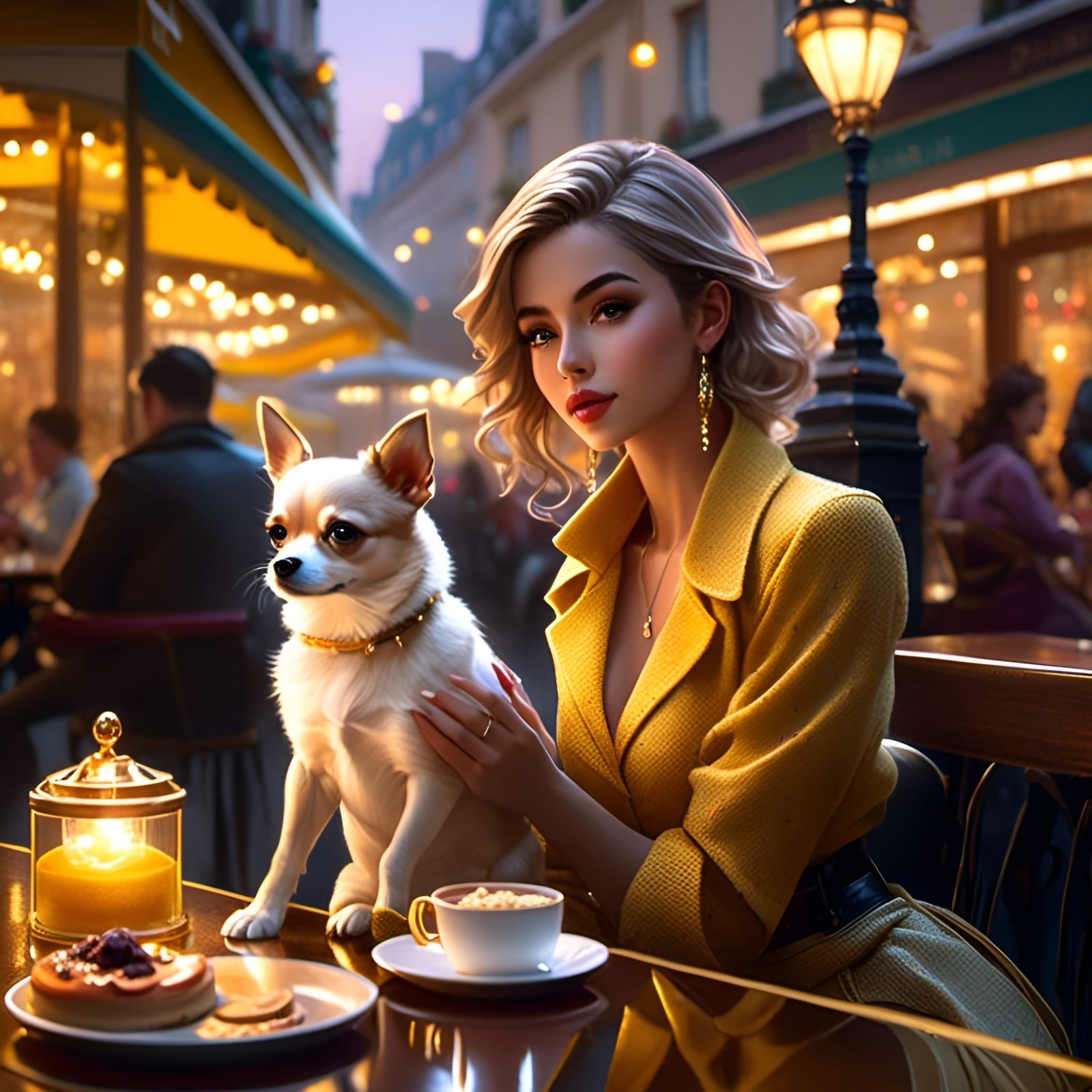 Parisian Winter: Girl and Chihuahua in Café