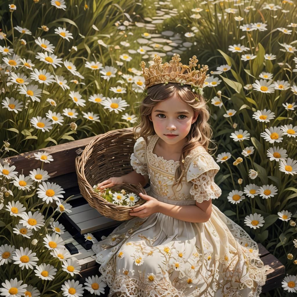 Girl with Daisy Basket on Piano Keys