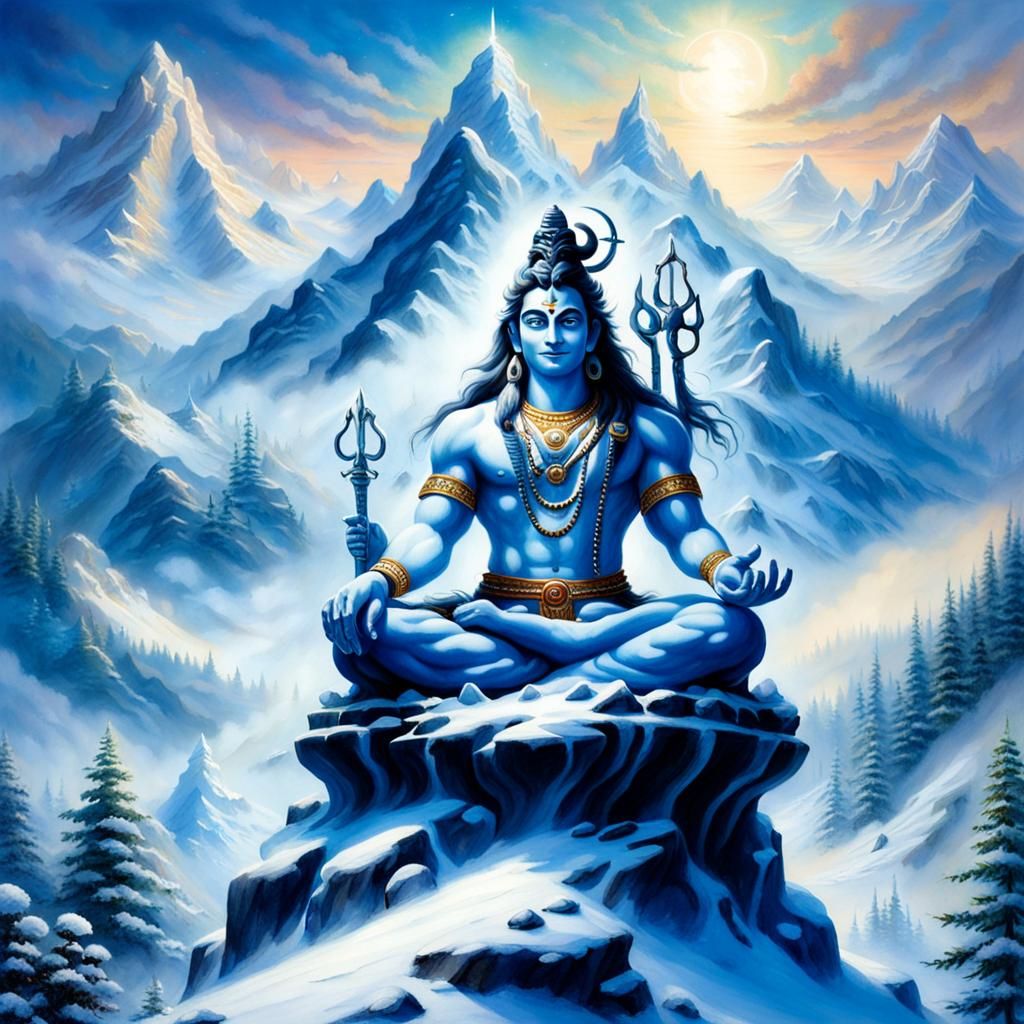 Shiva Meditating in Snowy Himalayas, Ethereal Fantasy Art