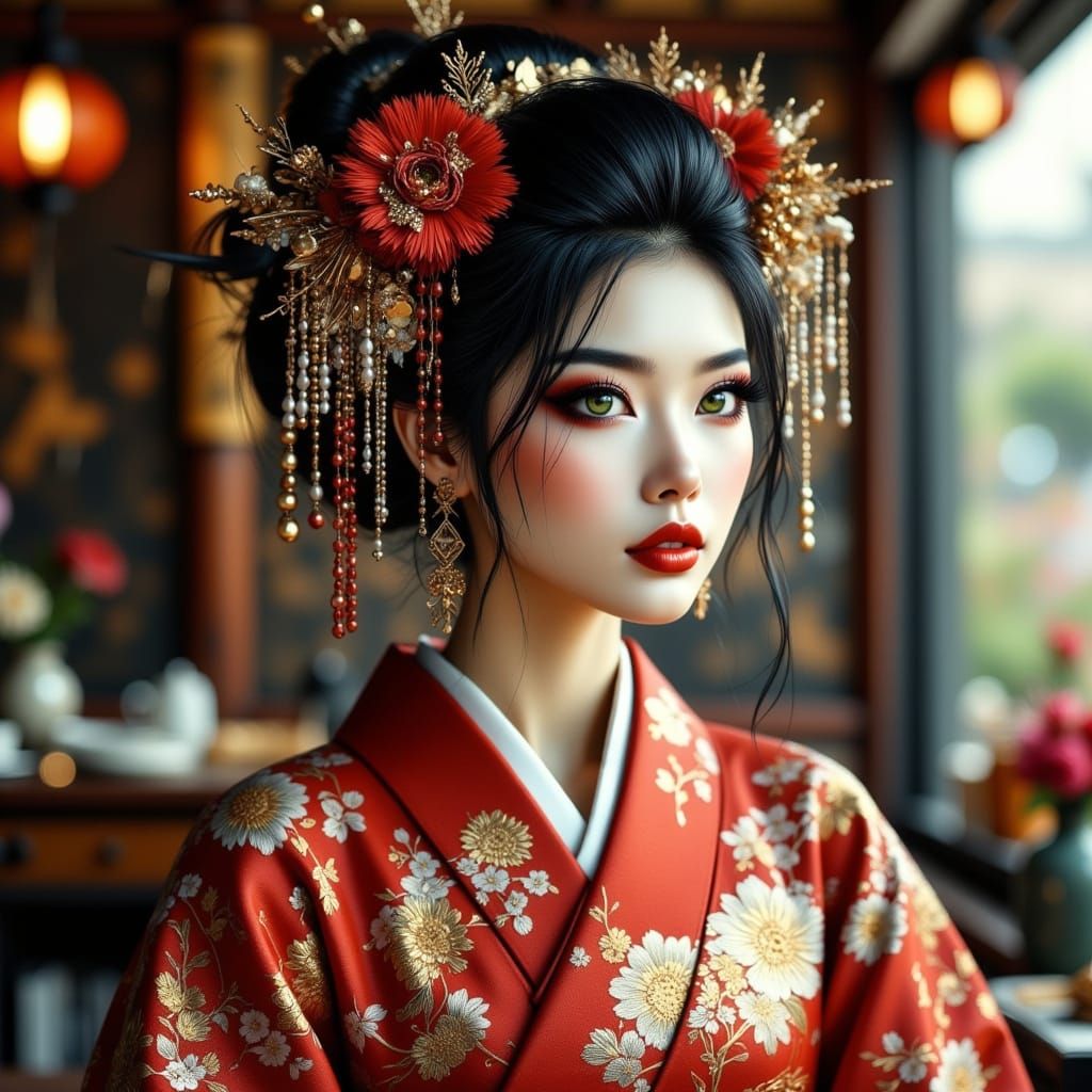Geisha Portrait in Gold Kimono, Photorealistic Style