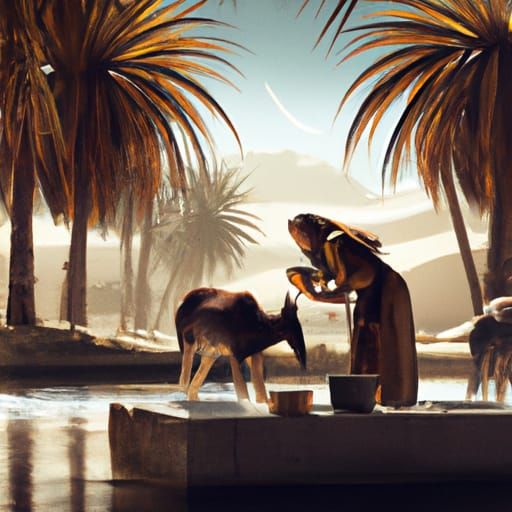 Desert River Scene: Woman Washing Pots