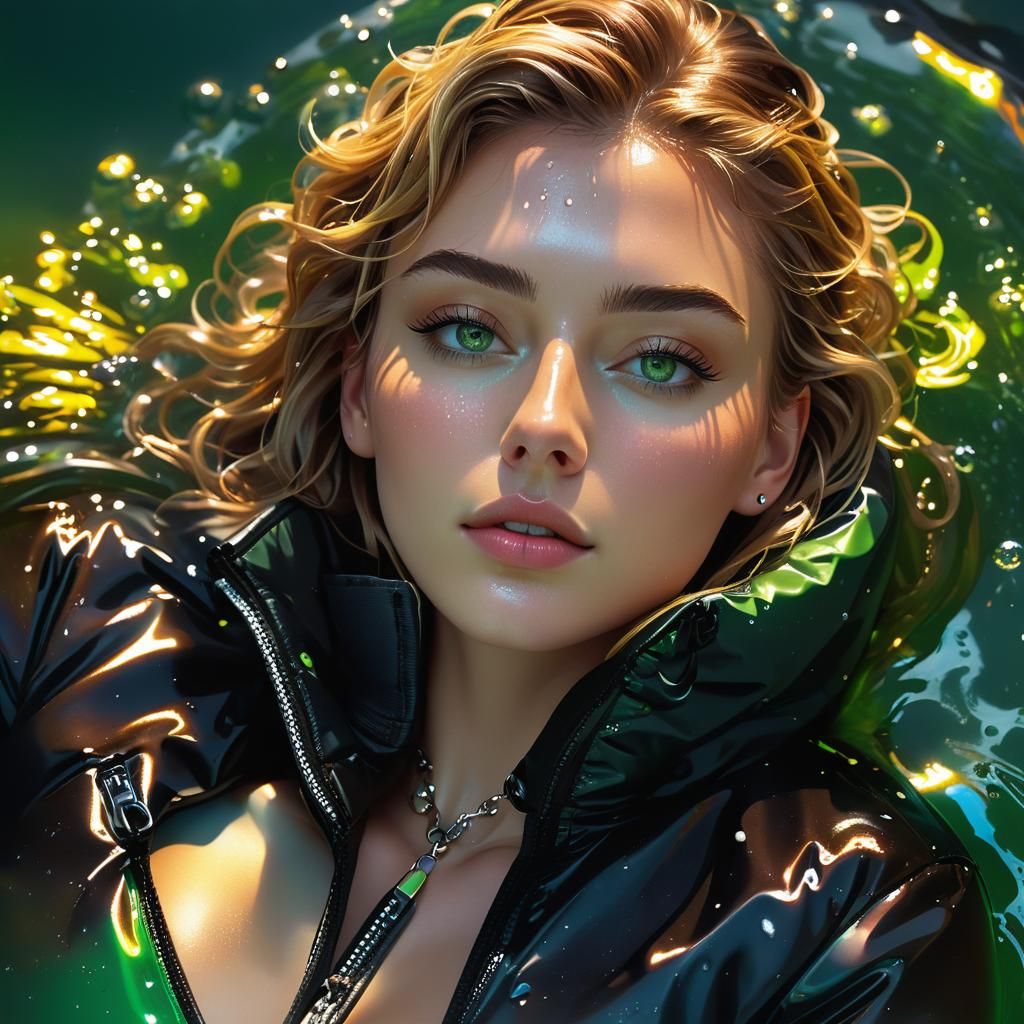 Woman in Puffer Jacket Lying in Water: Cel-Shaded Style