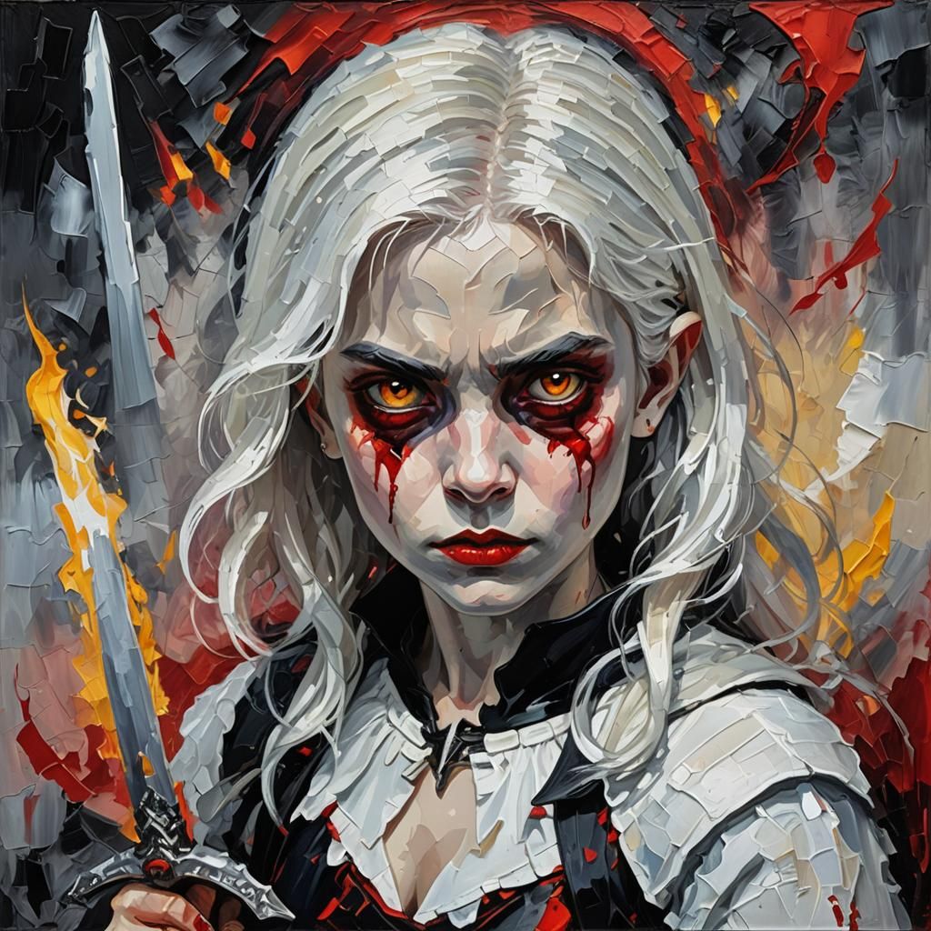 Horned Vampire Child with Sword, Expressionist Painting