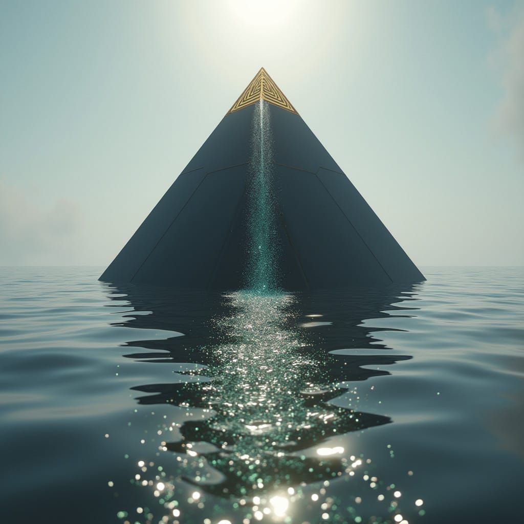 Sleek Black Pyramid in the Void, with Swirling Patterns and...