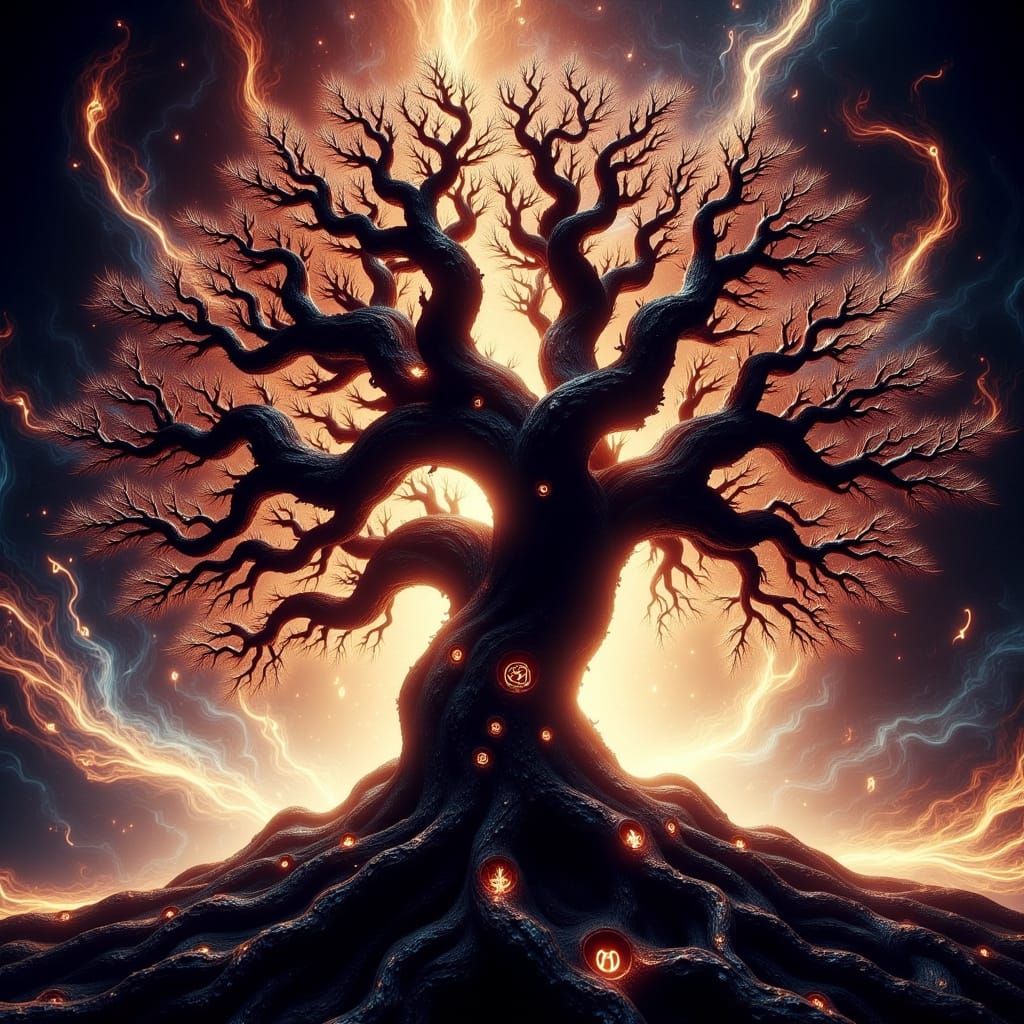 Ancient Tree with Norse Runes in Dramatic Portrait