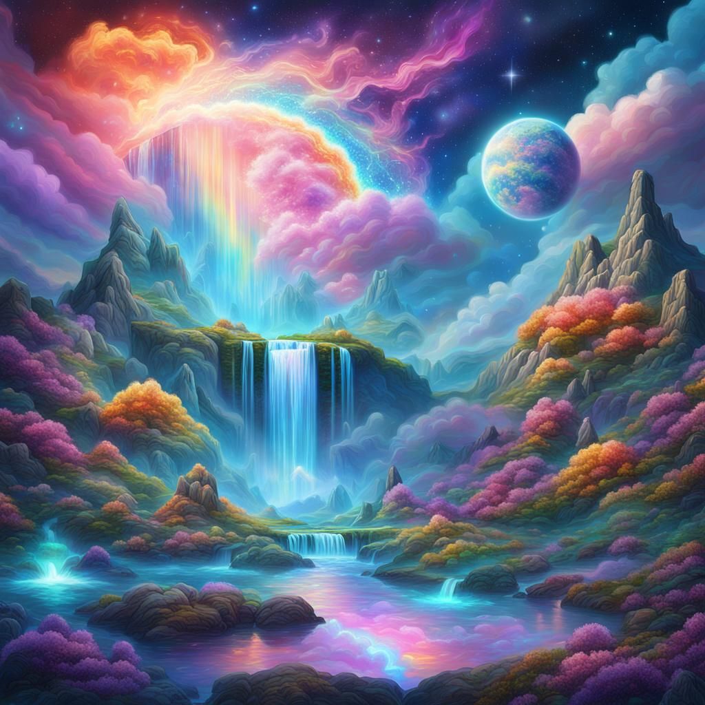 Puffy Cloud Waterfalls in Astral Illustration Style