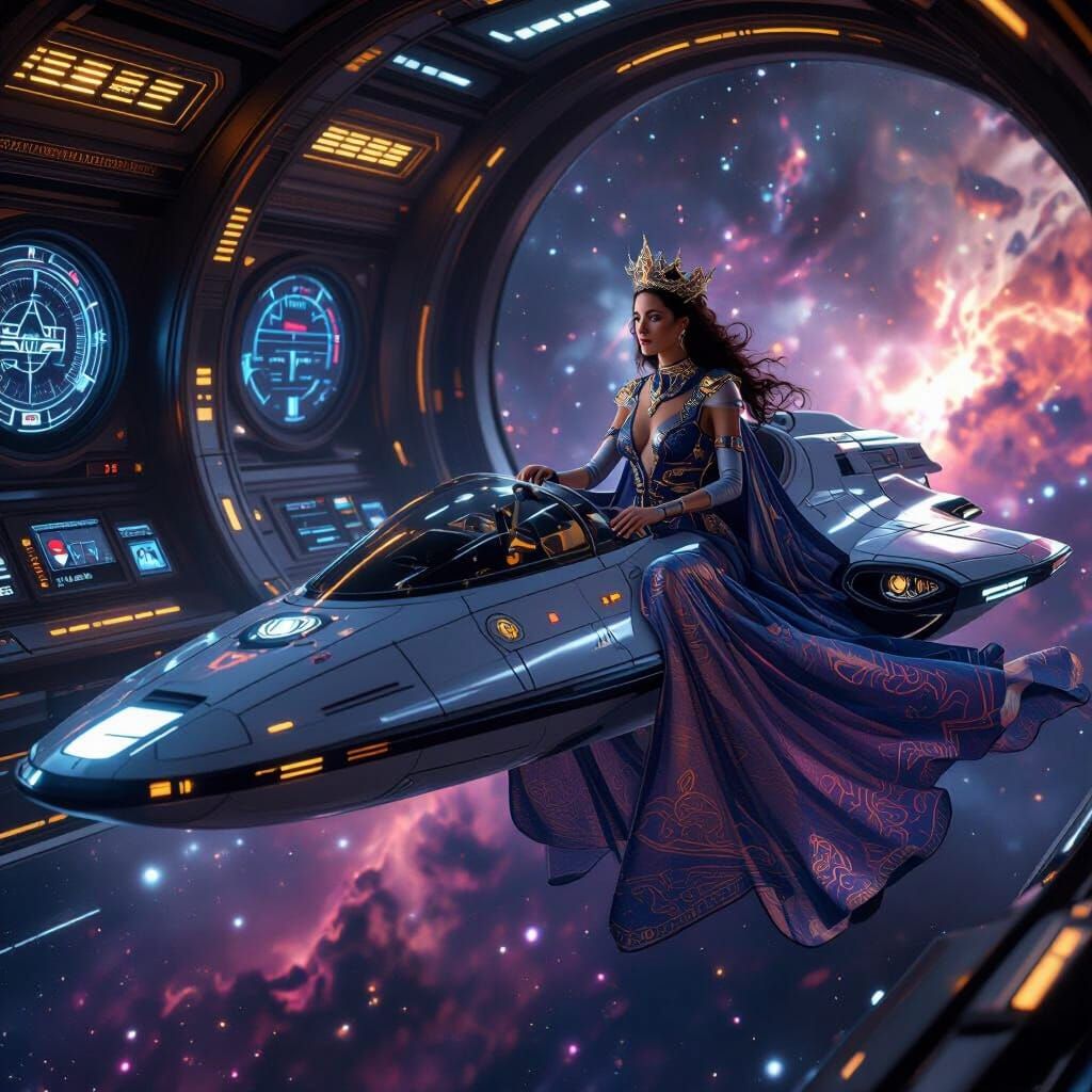Art Nouveau Queen Pilots Spaceship in Nebula