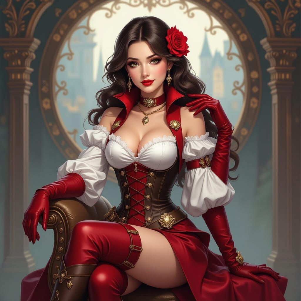 Elegant Steampunk Woman in Red Leather, Art Nouveau Style