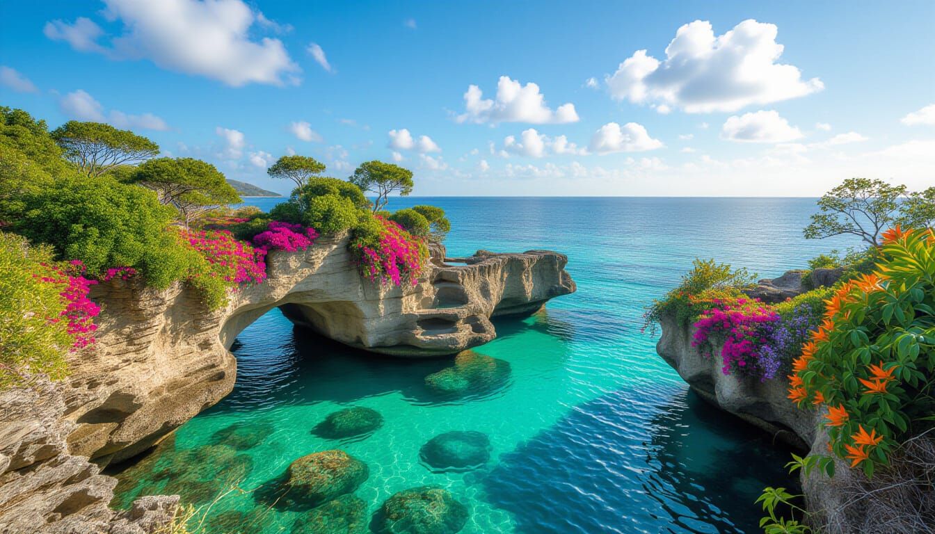 Surreal Rock Formations Bloom with Tropical Flowers in Ocean