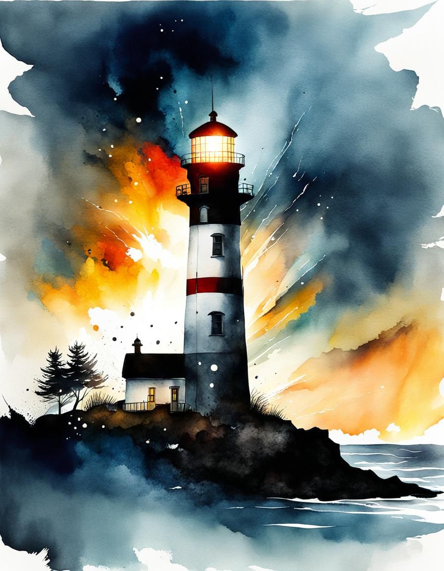 Dramatic Lighthouse Double Exposure in Watercolor Style