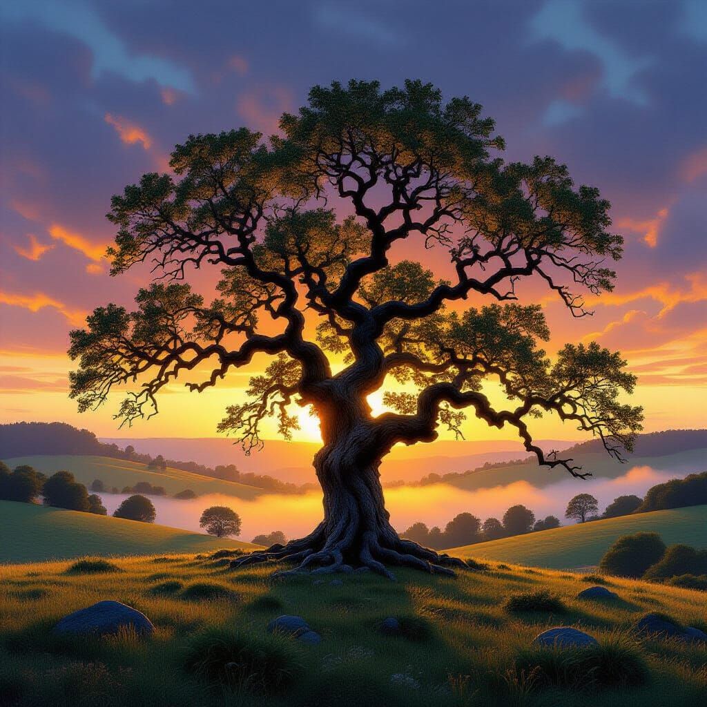 Majestic Oak Tree at Twilight in Fantasy Style
