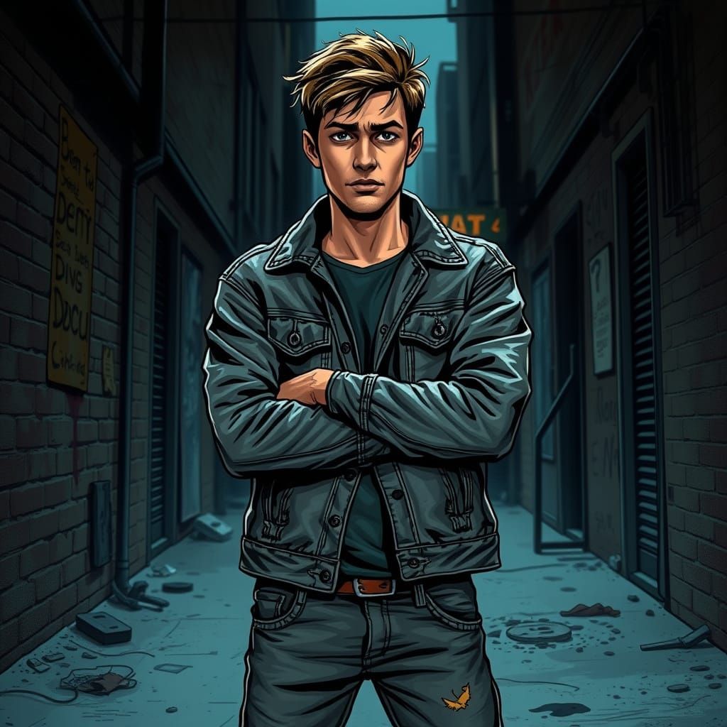 Rebellious Young Man in Gritty Urban Alleyway