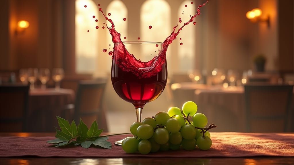 Wine Goblet with Grapes in Restaurant, Digital Matte Paintin...