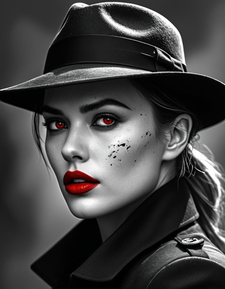 Monochrome Female Detective with Scarlet Lipstick, Hyperreal...
