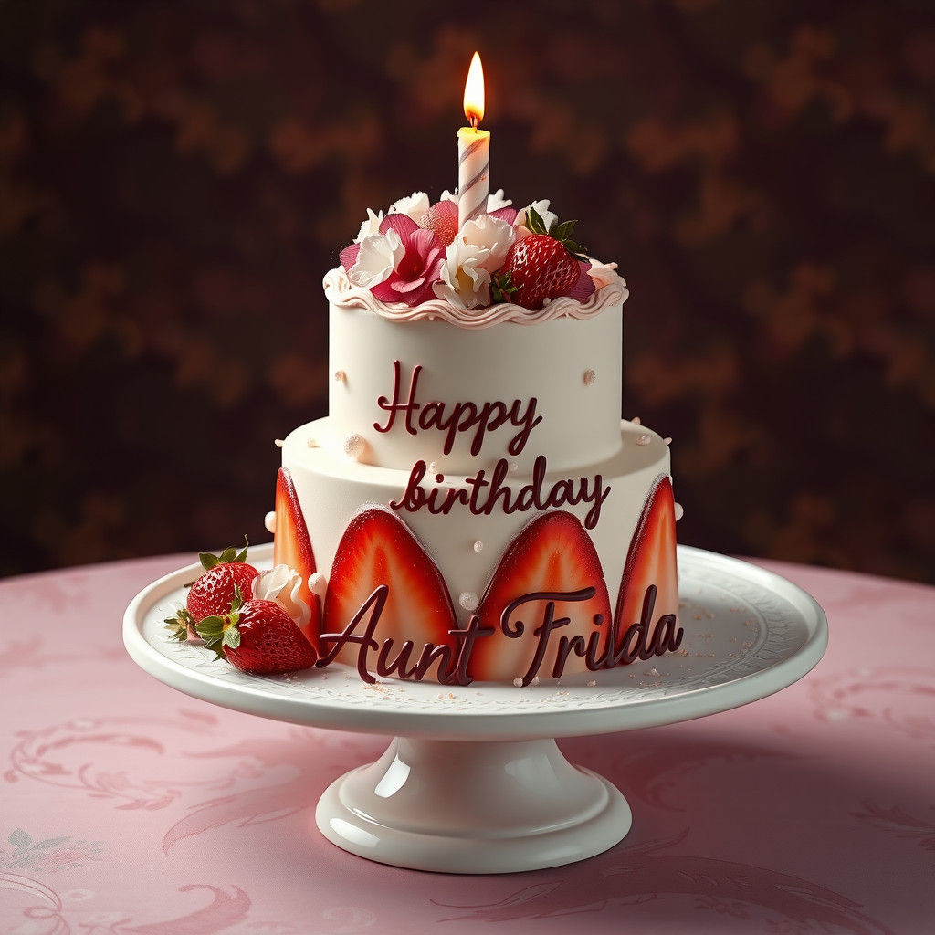 Strawberry Birthday Cake with Candle and Chocolate Plate