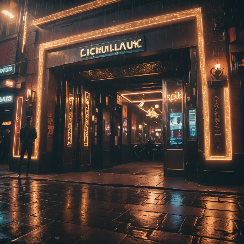 Nightclub Entrance at Night in Film Noir Style