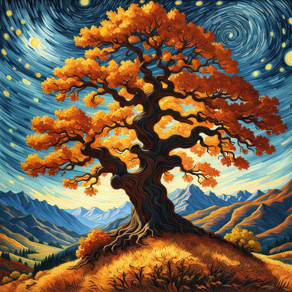 Autumn Oak Under Starry Sky, Watercolor Painting