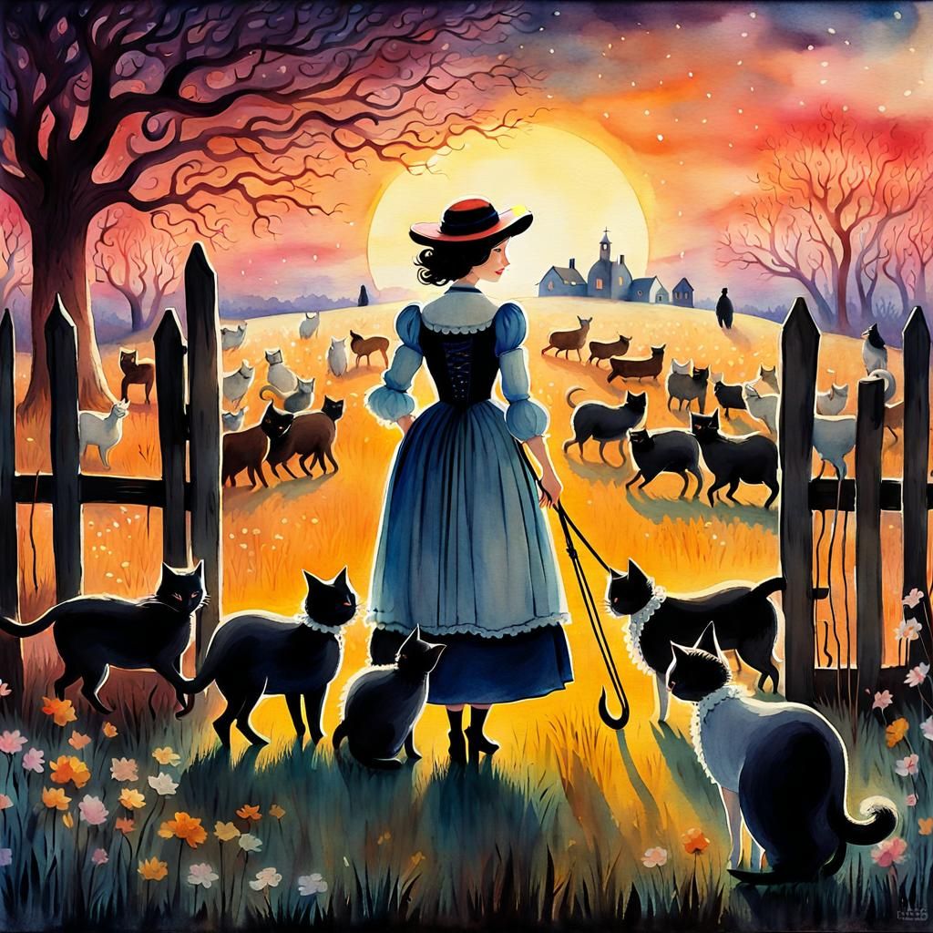 Shepherdess Herding Cats in Watercolor Style