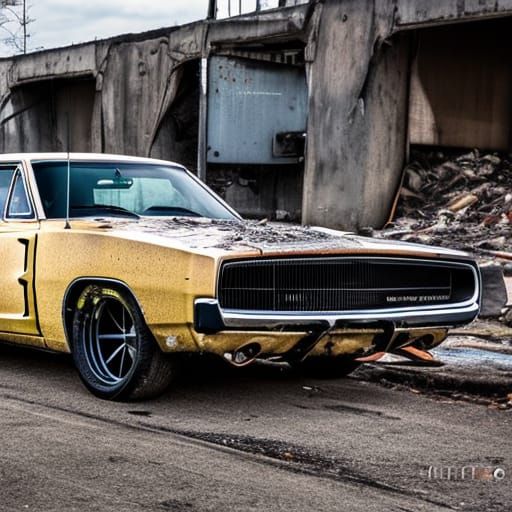 abandoned tuned Dodge Charger at a junkyard