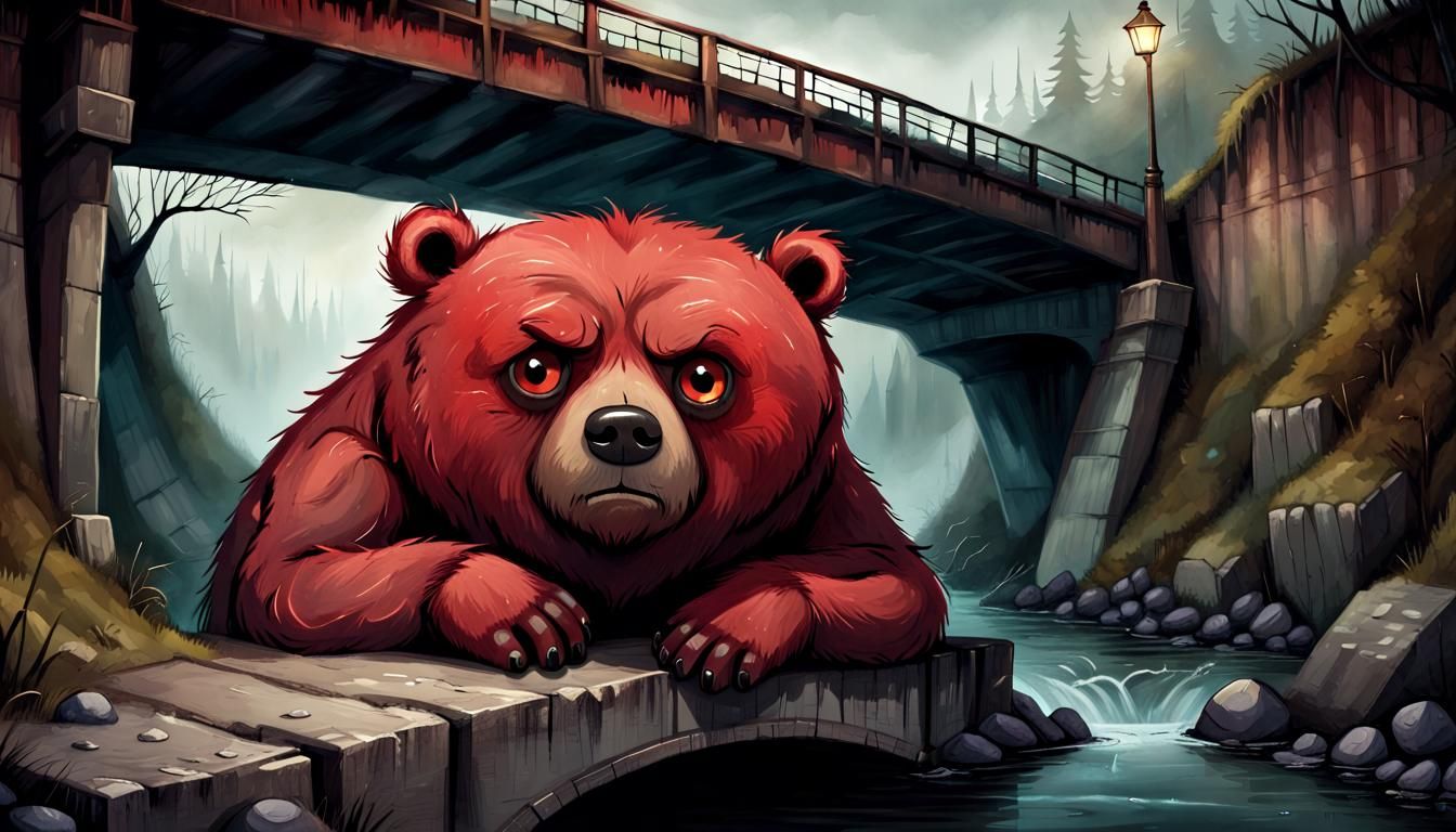 Big Red Bear Under Bridge, Wide Eyes, Frowning, Annoyed
