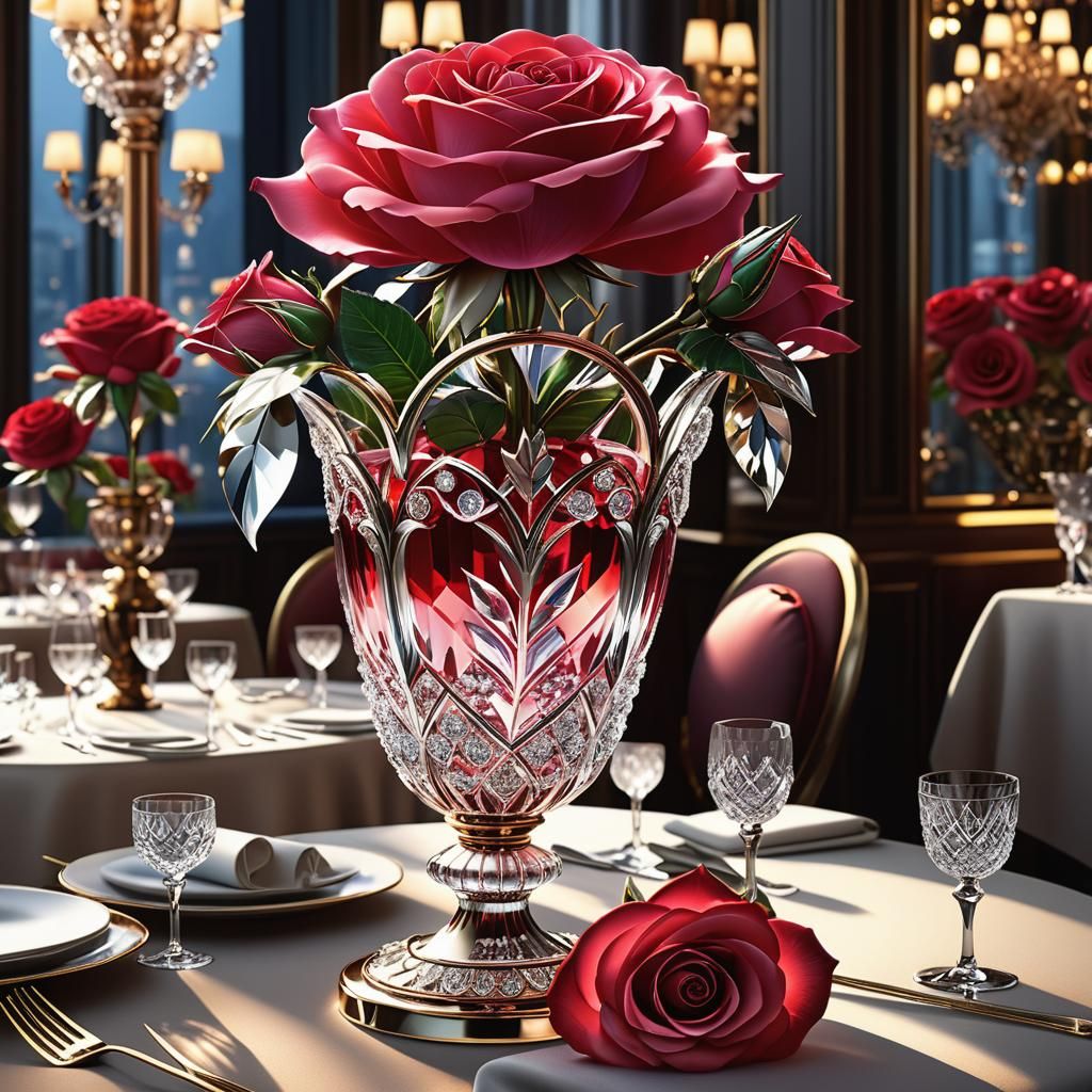 Epic Crystal Rose in Jewel-Toned Vase, a Masterpiece of Fant...