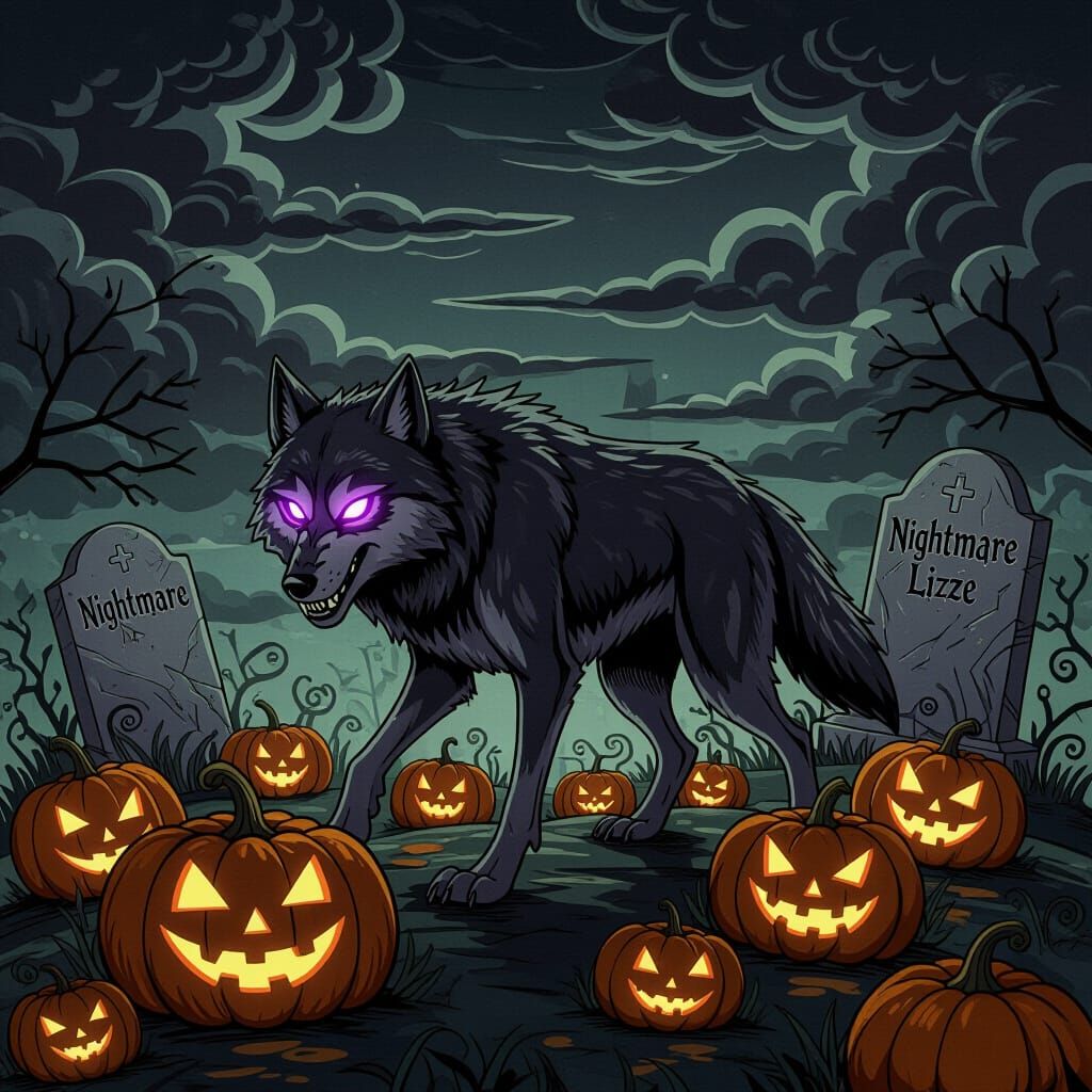 Skeleton Wolf With Purple Eyes Under Dark Clouds
