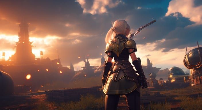 Armored Girl with Airship in Photorealistic Style