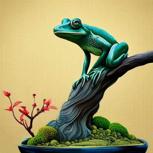 Japanese Frog with Bonsai: Abstract Art