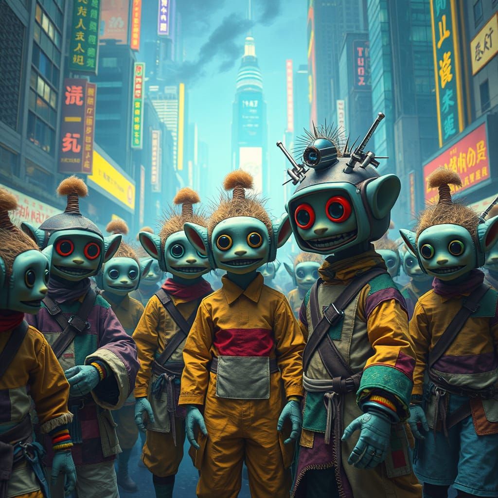 Hairy Robot Samurai Mob in Neon Metropolis