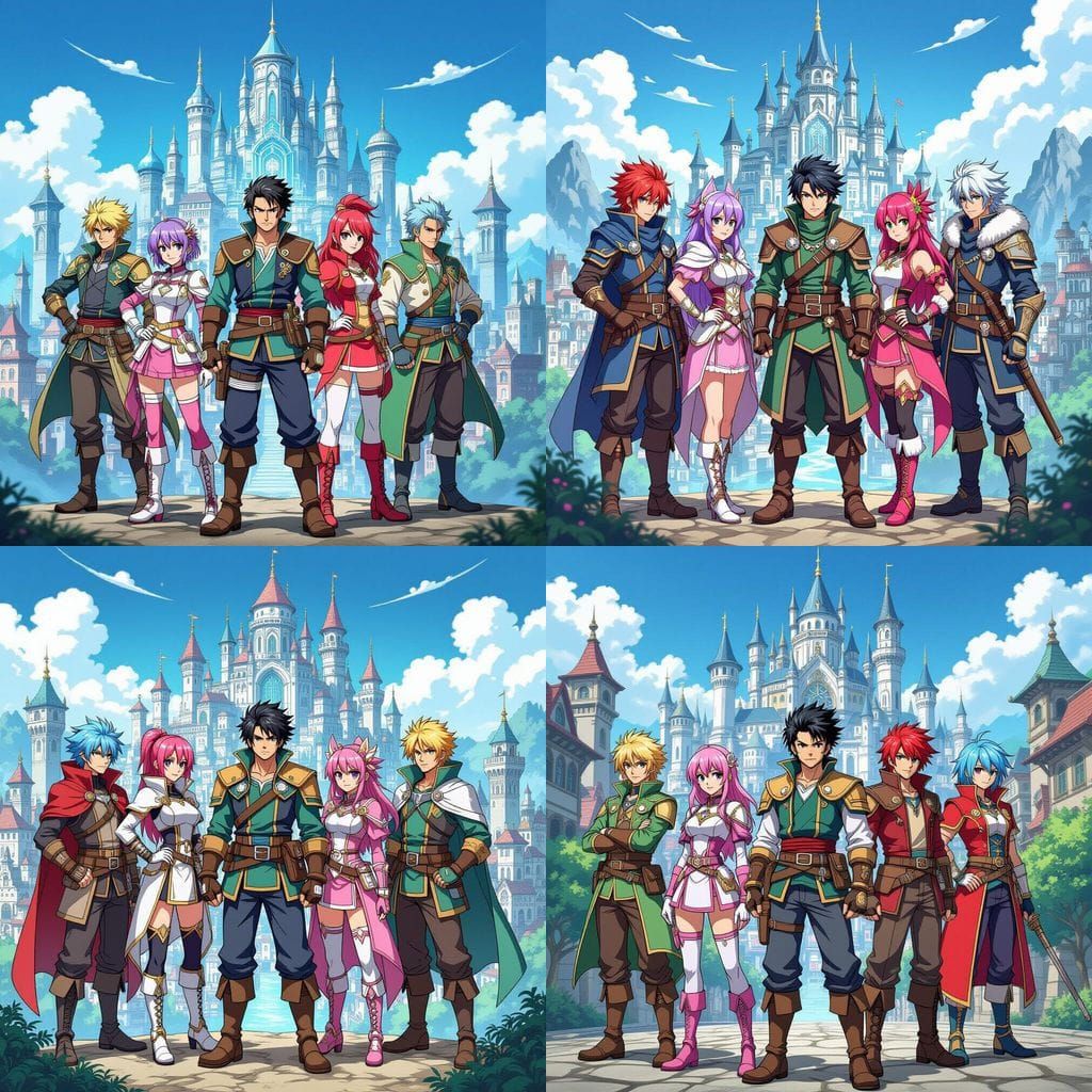 Shounen Anime Style Adventurer Party in Fantasy City