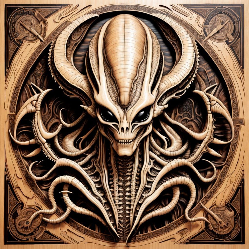 Surreal Alien Figure in Marquetry Style