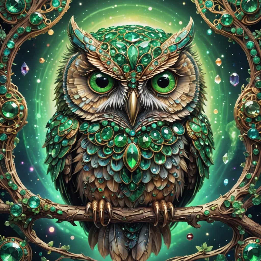 Gemstone Owl with Googly Eyes in Cosmic Illustration