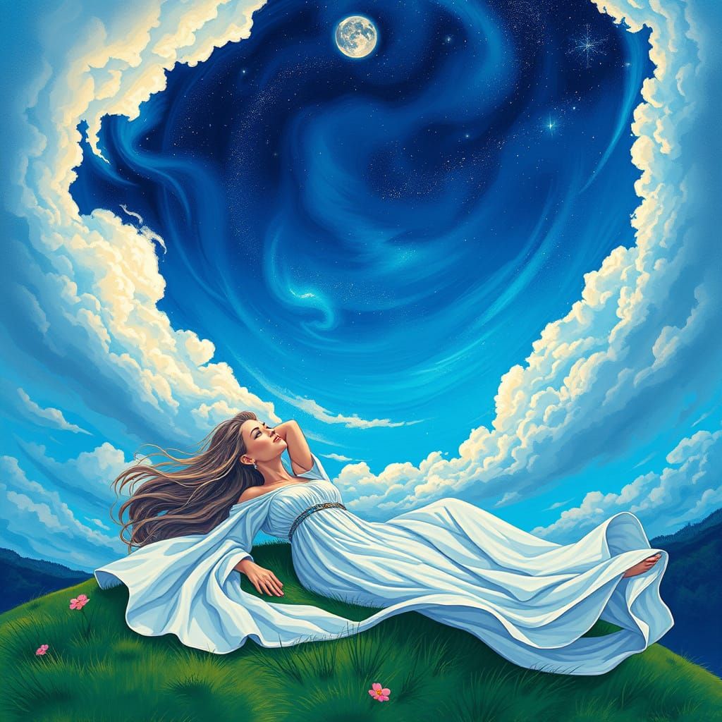 Gentle Woman in Cosmic Dreamscape